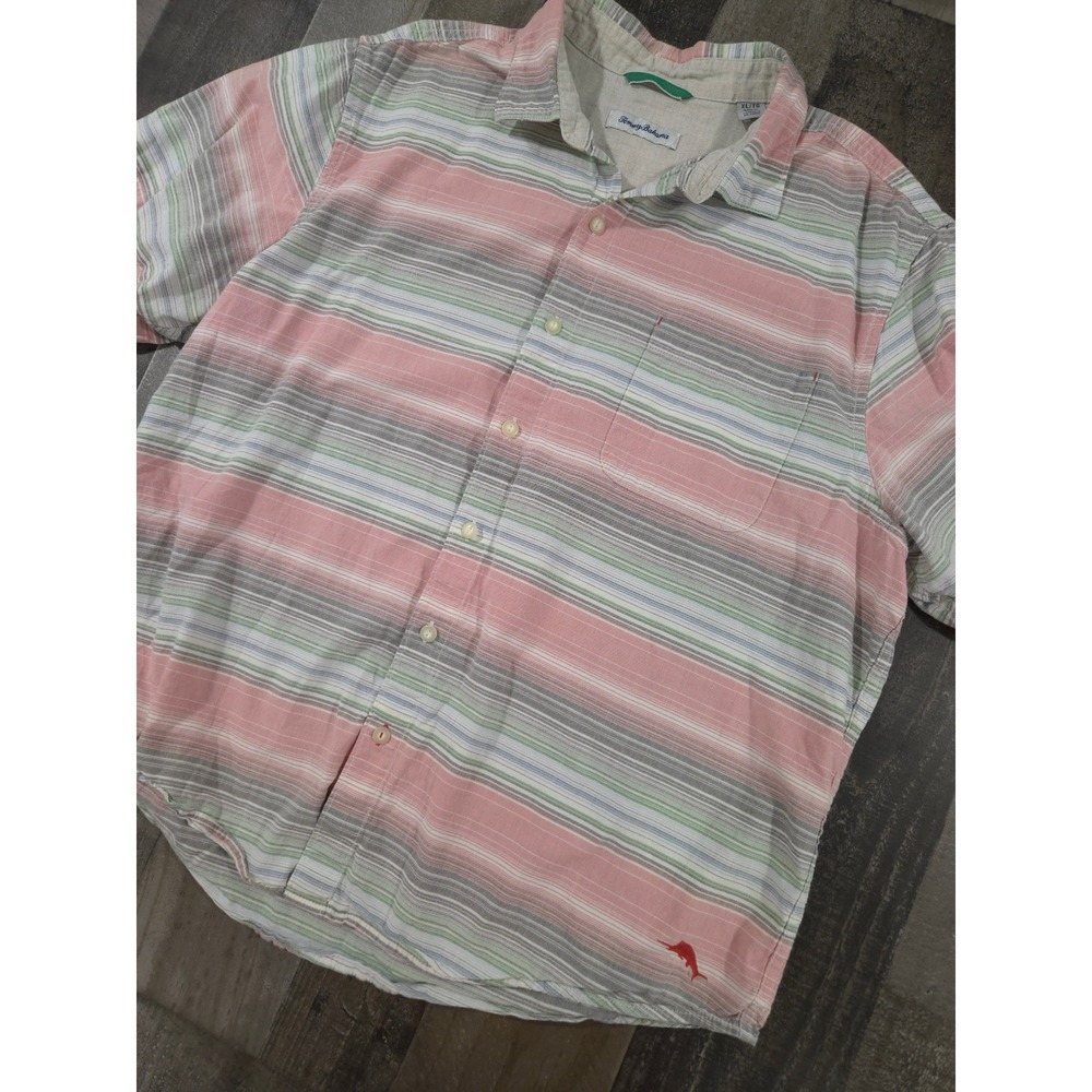 Tommy Bahama Men XL Short Sleeve Shirt Pastel Coral Green Striped Cotton Blend